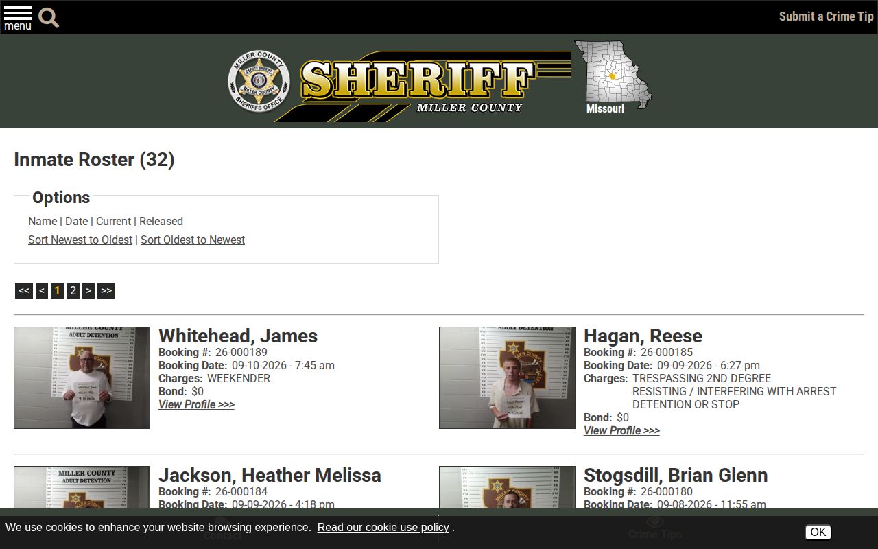 Miller County Sheriff's official current inmate roster page