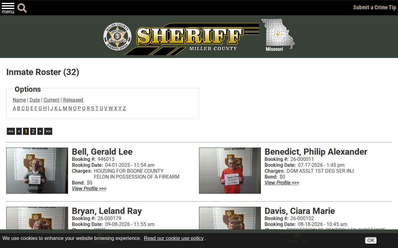 Miller County Sheriff roster alternate ordering and page-depth view