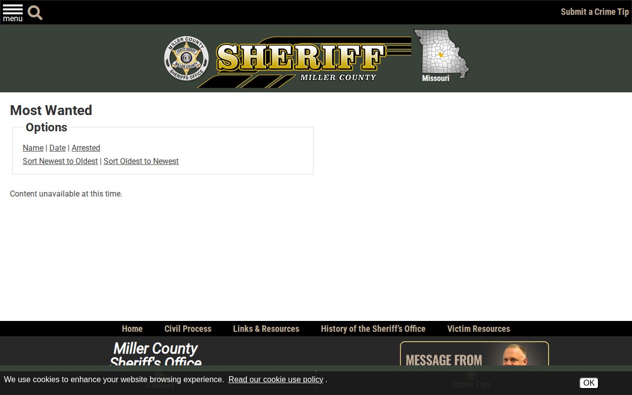 Miller County Sheriff Most Wanted page showing unavailable content