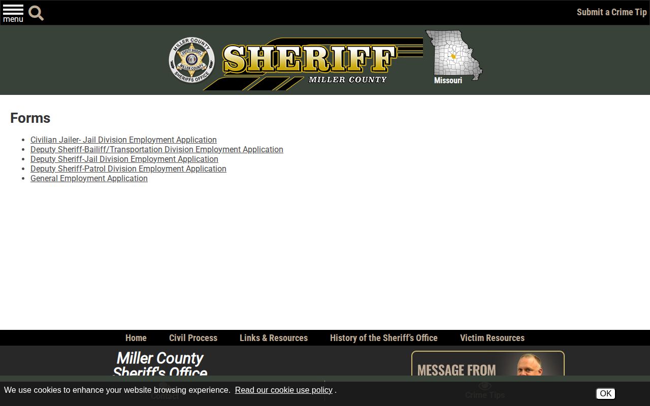 Miller County Sheriff's Office forms page used to check records access options