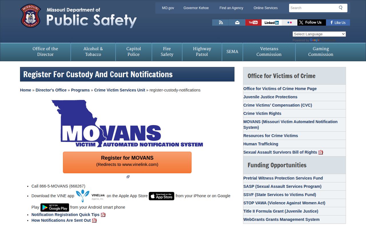 Missouri Department of Public Safety MOVANS custody notification registration page