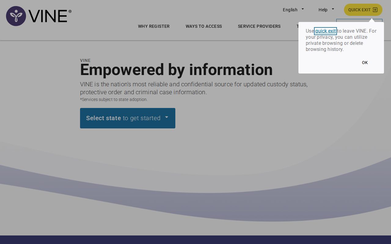 VINELink public custody search interface for selecting Missouri and an agency