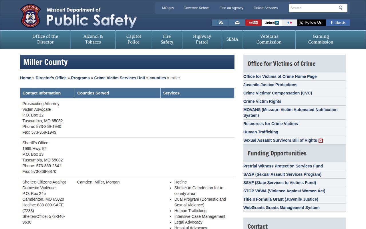 Missouri DPS Miller County victim services and sheriff contact listing