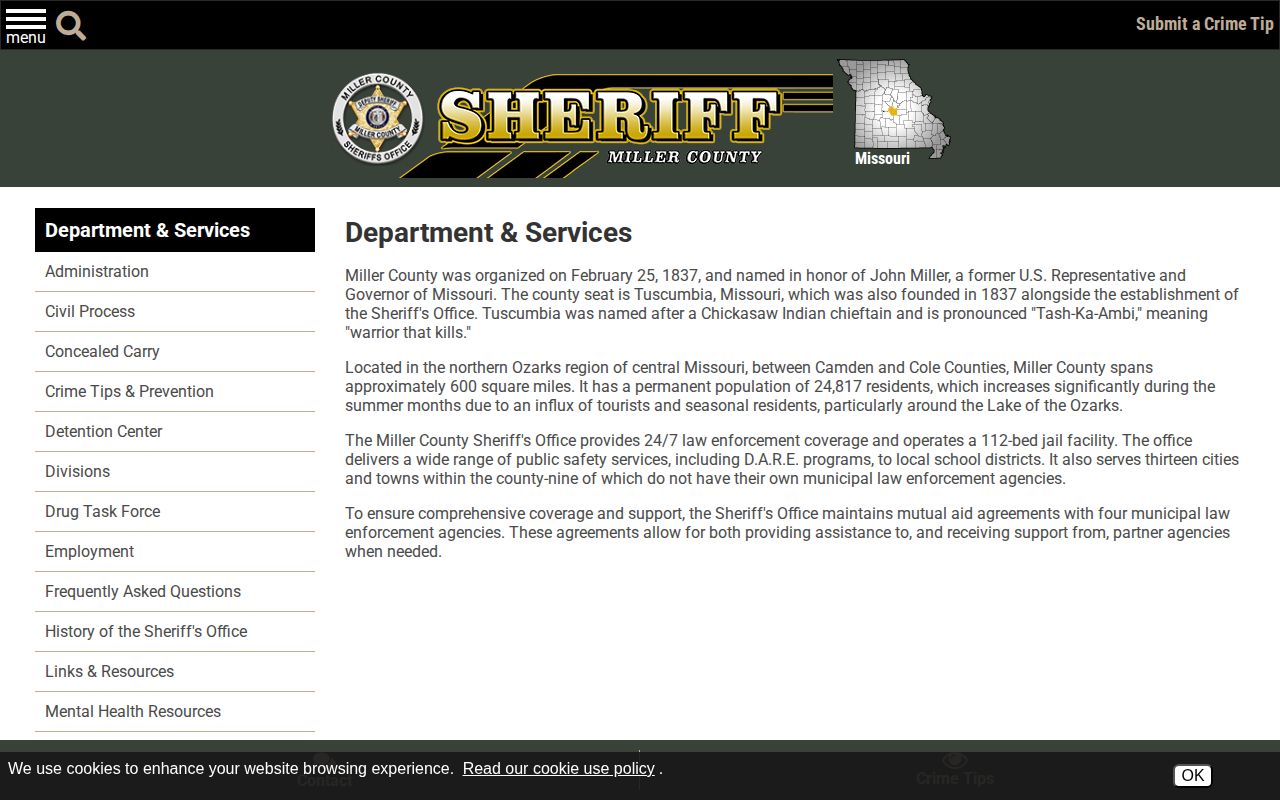 Miller County Sheriff department and services page for Miller County arrest records