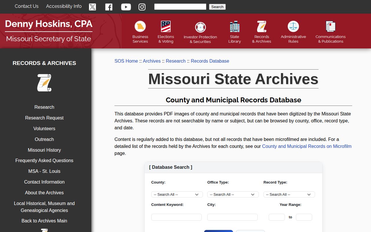 Missouri County and Municipal Records Database archive search screen