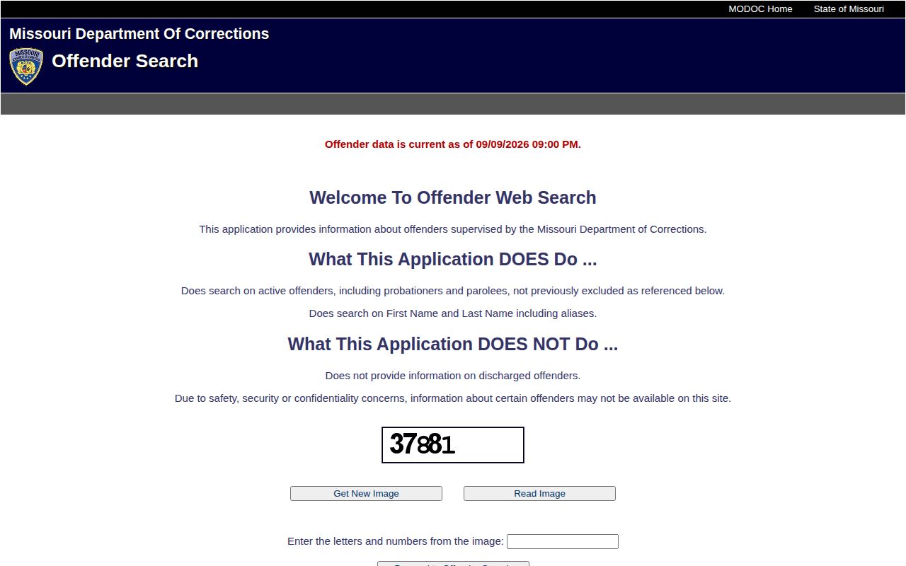 Missouri Department of Corrections public offender search page